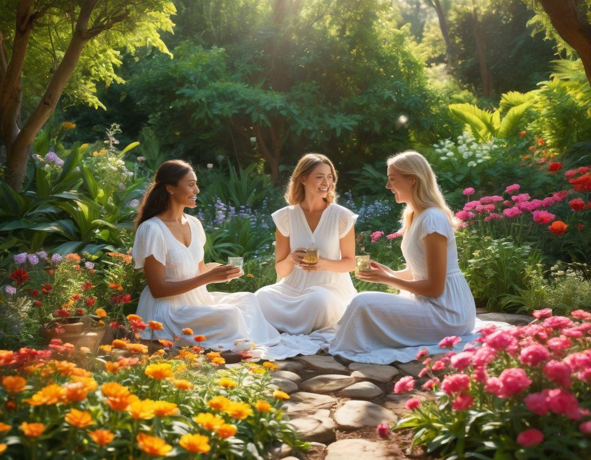 A serene scene depicting two women in a lush garden, sharing stories and laughter, surrounded by vibrant flowers symbolizing connection. Sunlight filtering through the trees, casting beautiful shadows, with elements of wellness like herbal tea and soothing stones nearby. The atmosphere conveys empowerment and intimacy, highlighting feminine strength. super-realistic. vibrant colors. nature-themed.