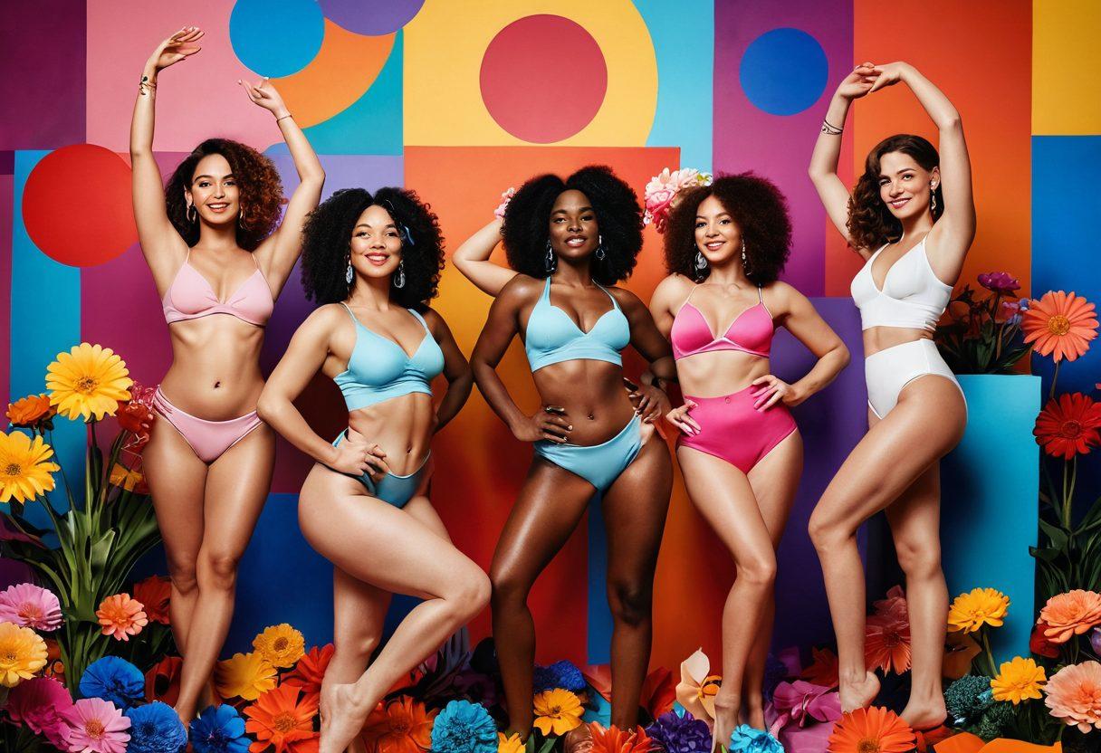A vibrant, eclectic scene showcasing diverse individuals celebrating their bodies in playful, sensual poses amidst a colorful backdrop of pop culture icons. Incorporate elements like flowers, abstract shapes, and positive affirmations about self-love and sensuality. Bright, engaging colors should dominate the composition to evoke joy and empowerment. 3D elements and surrealism can enhance the dynamic feel. super-realistic. vibrant colors. abstract background.